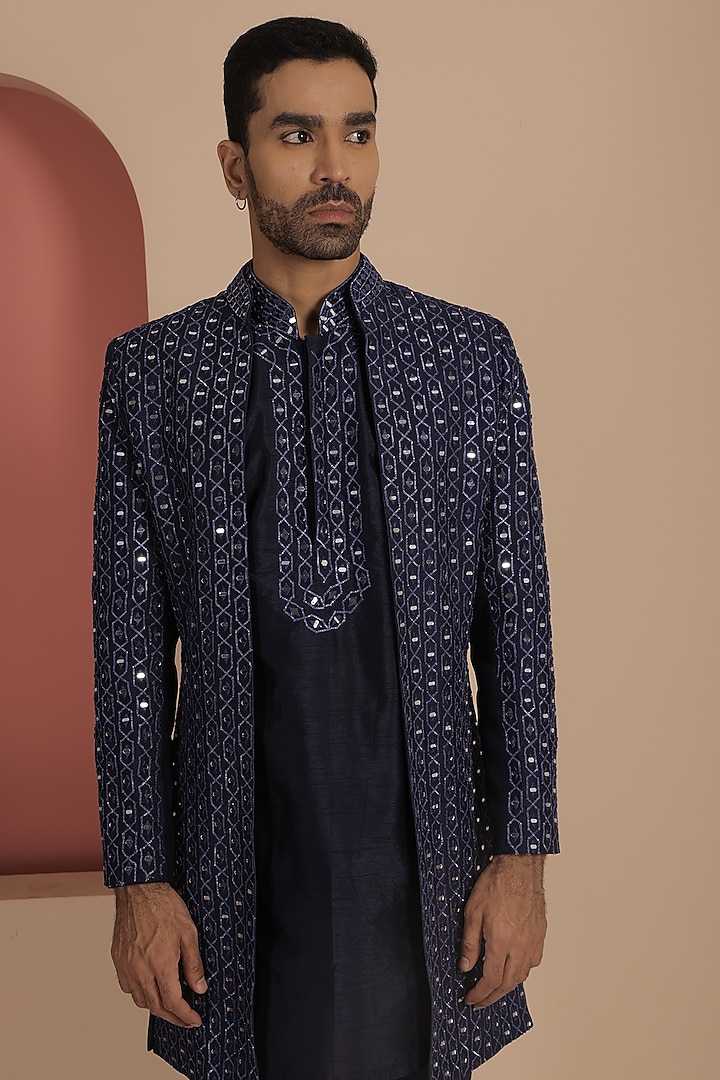Blue Silk Mirror Work Wedding Indowestern Set by NAMAN AHUJA at Pernia's Pop Up Shop
