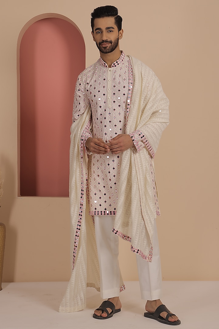 Ivory Silk Mirror Work Kurta Set  by NAMAN AHUJA