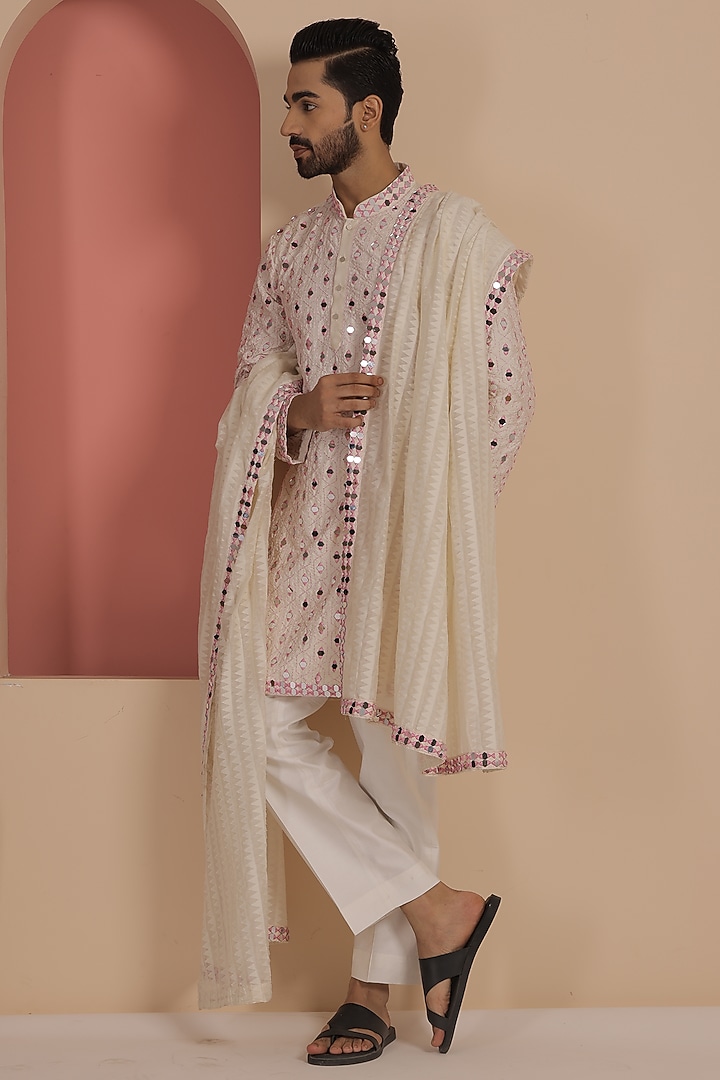 Ivory Silk Mirror Work Kurta Set  by NAMAN AHUJA at Pernia's Pop Up Shop
