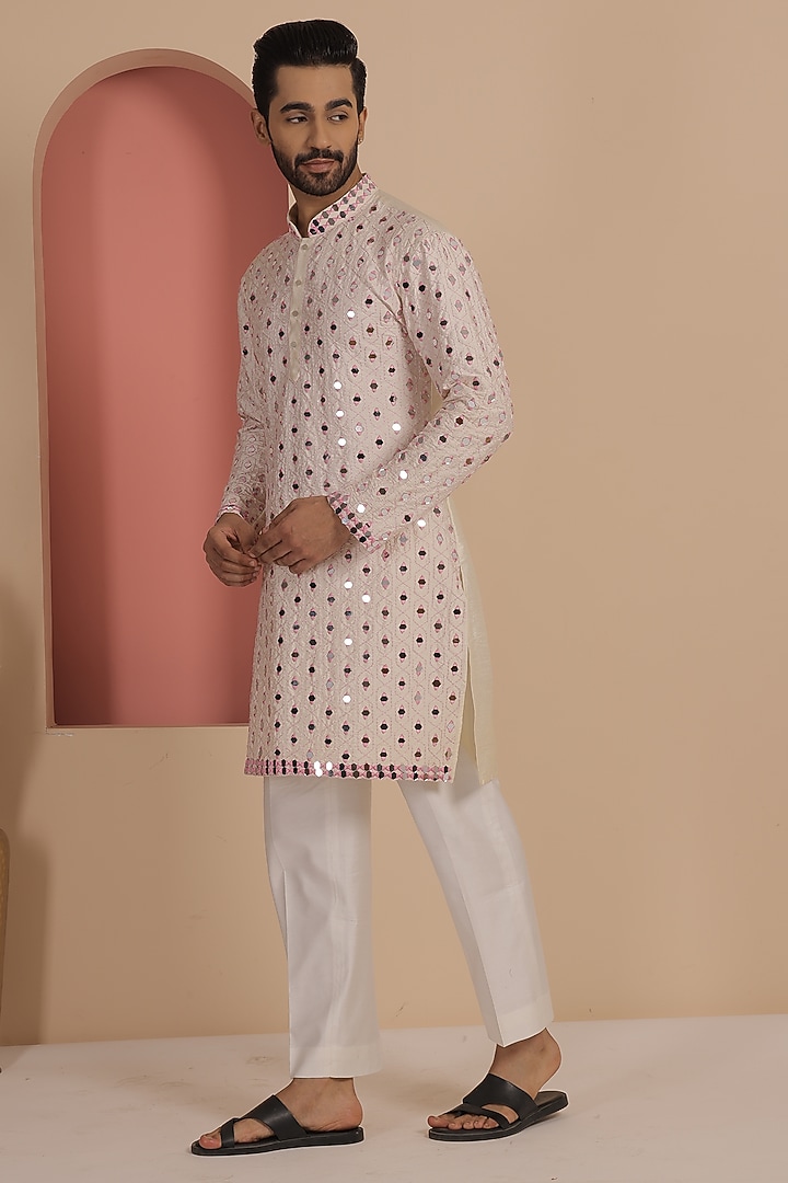 Ivory Silk Mirror Work Kurta Set  by NAMAN AHUJA at Pernia's Pop Up Shop