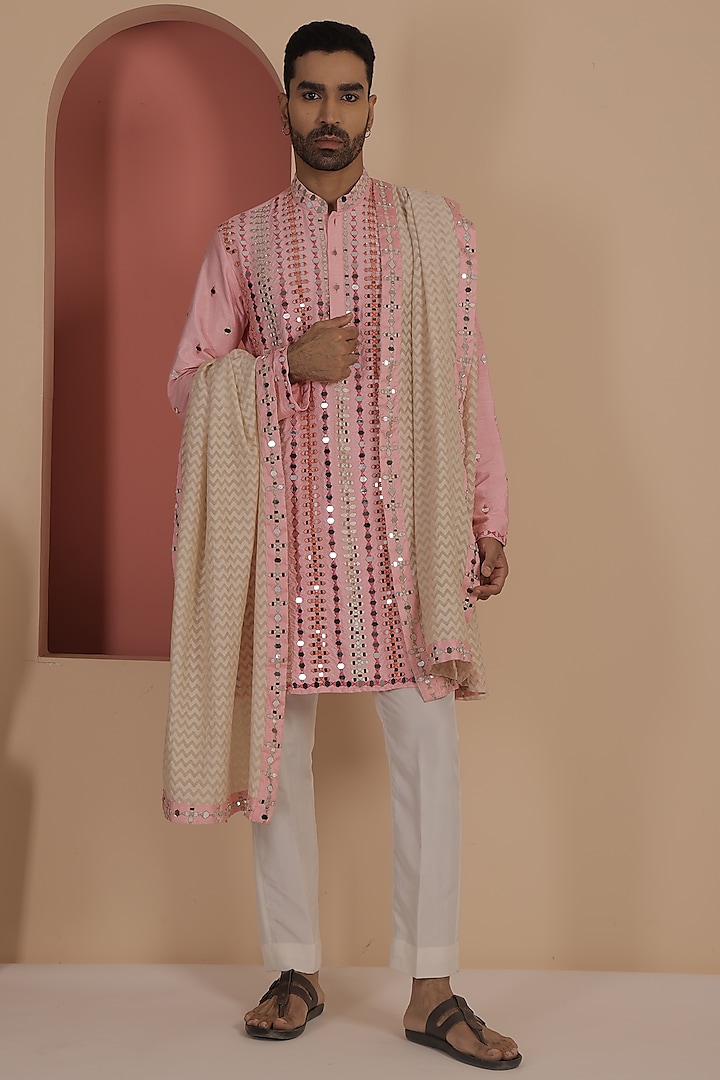 Pink Silk Mirror Work Kurta Set  by NAMAN AHUJA