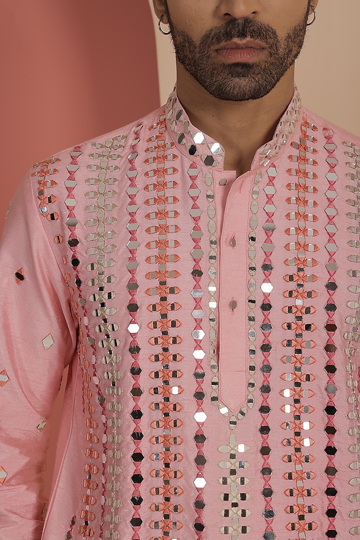 Pink Silk Mirror Work Kurta Set  by NAMAN AHUJA at Pernia's Pop Up Shop
