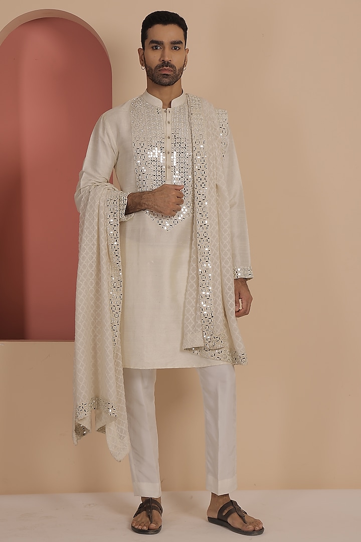 Ivory Silk Mirror Work Kurta Set  by NAMAN AHUJA at Pernia's Pop Up Shop