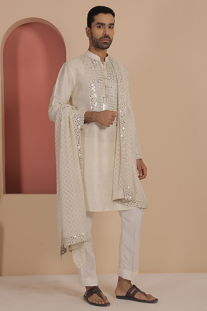 Ivory Silk Mirror Work Kurta Set  by NAMAN AHUJA at Pernia's Pop Up Shop