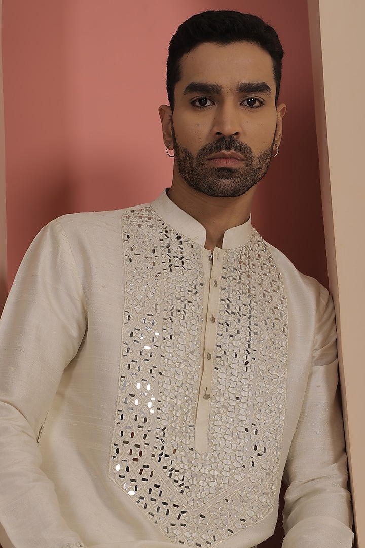 Ivory Silk Mirror Work Kurta Set  by NAMAN AHUJA at Pernia's Pop Up Shop