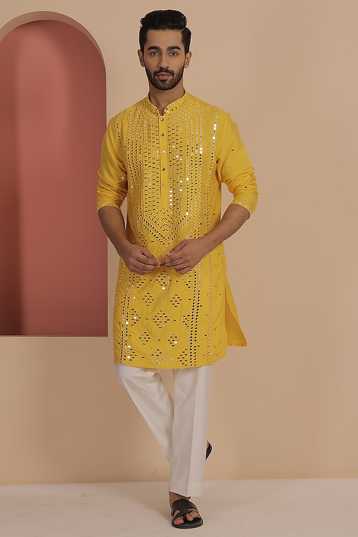 Yellow Silk Mirror Work Kurta Set by NAMAN AHUJA