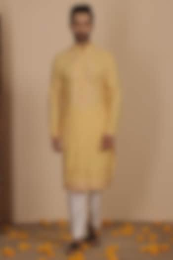 Light Yellow Silk Thread Embroidered Kurta Set by NAMAN AHUJA