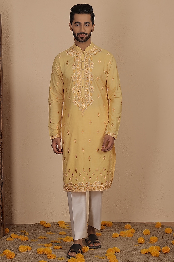 Light Yellow Silk Thread Embroidered Kurta Set by NAMAN AHUJA