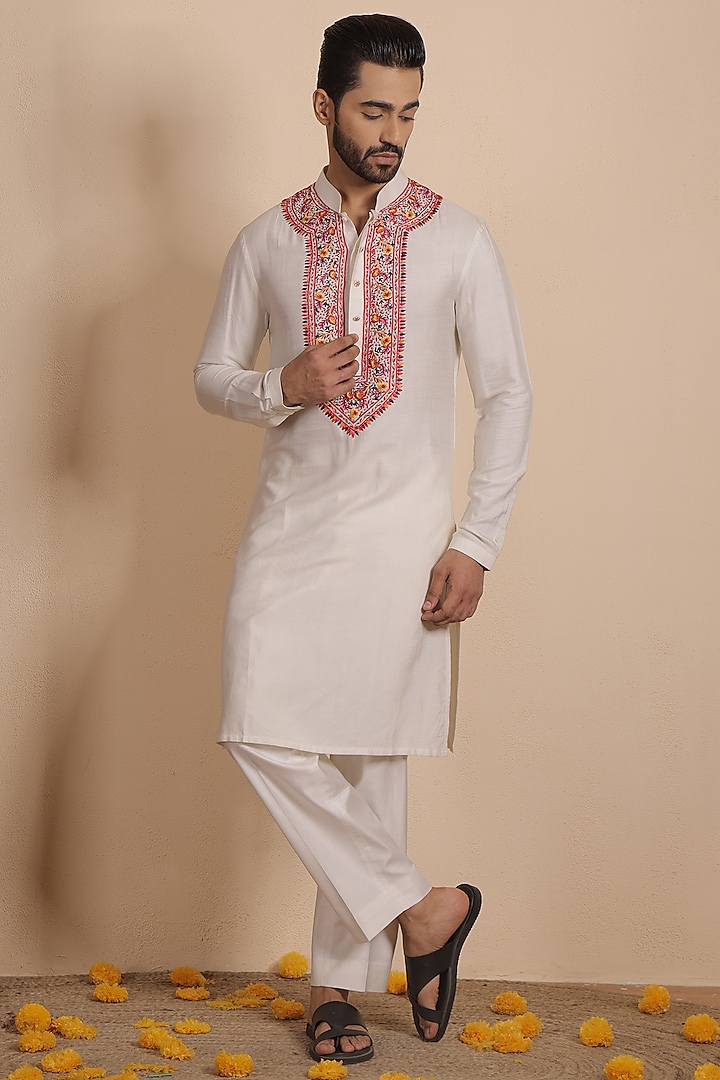 Ivory Silk Thread Embroidered Kurta Set by NAMAN AHUJA