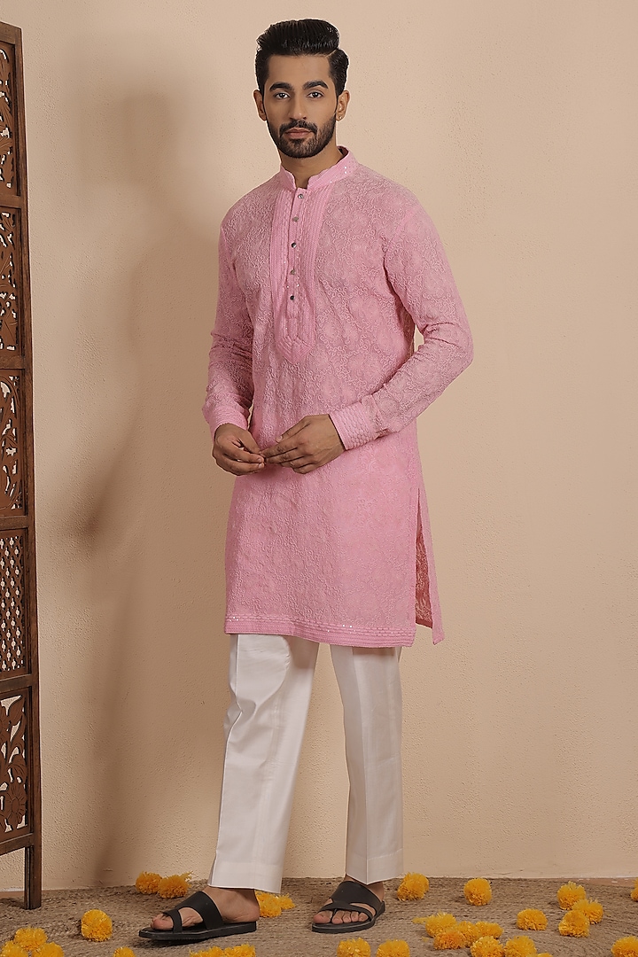 Pink Silk Thread Embroidered Kurta Set by NAMAN AHUJA