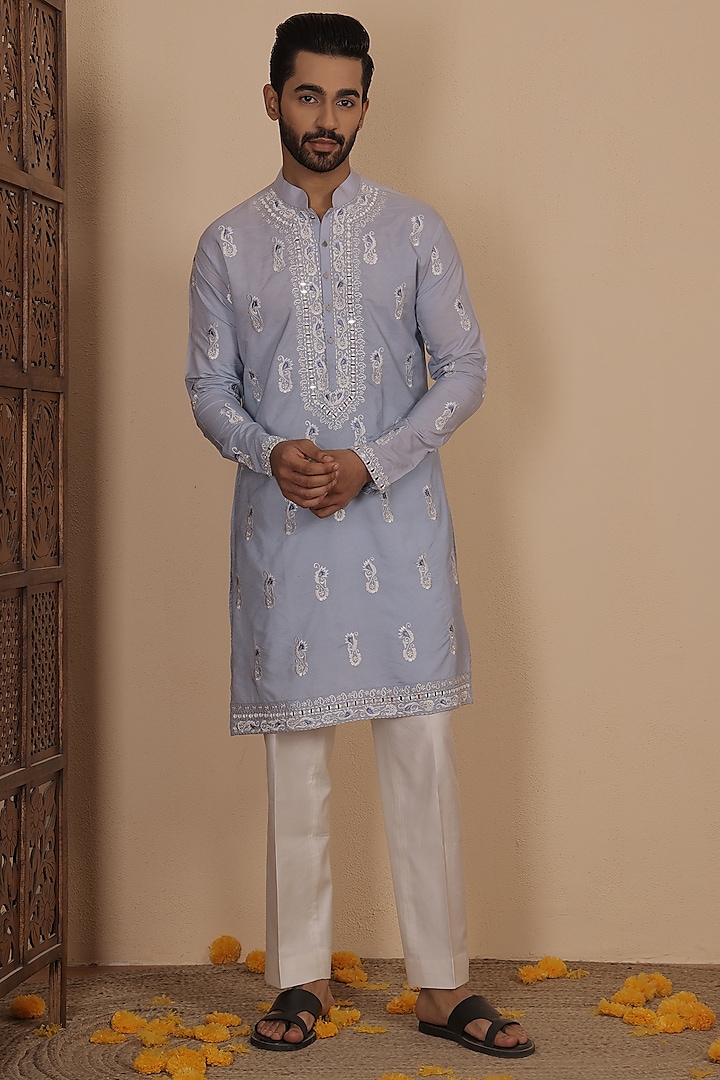 Sky Blue Silk Thread Embroidered Kurta Set by NAMAN AHUJA