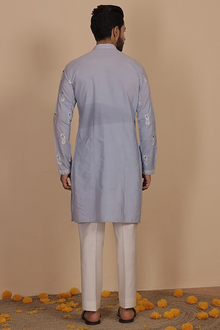 Sky Blue Silk Thread Embroidered Kurta Set by NAMAN AHUJA at Pernia's Pop Up Shop