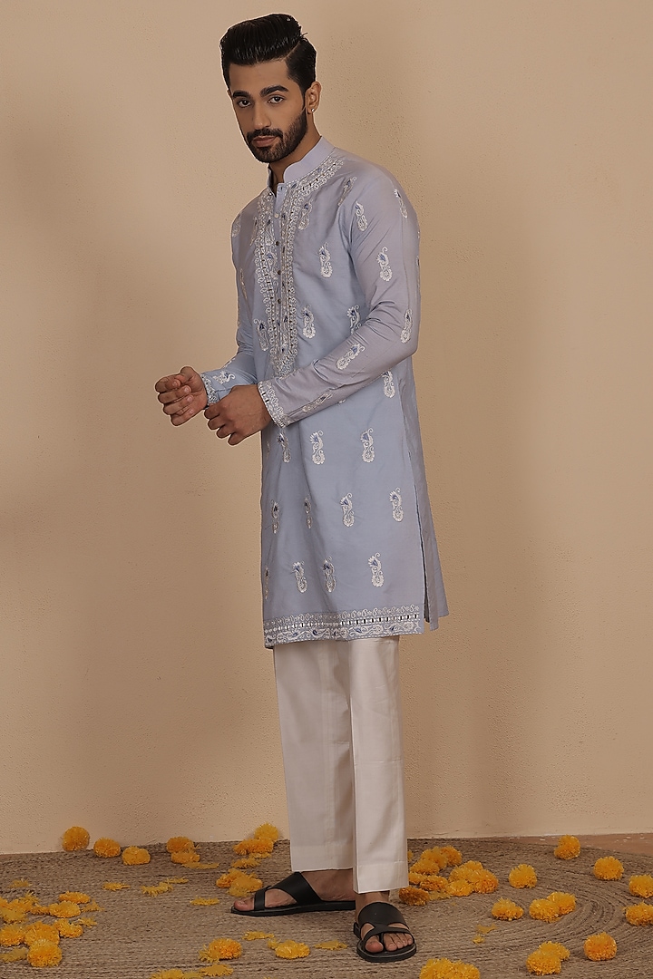 Sky Blue Silk Thread Embroidered Kurta Set by NAMAN AHUJA at Pernia's Pop Up Shop
