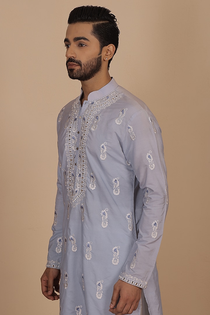 Sky Blue Silk Thread Embroidered Kurta Set by NAMAN AHUJA at Pernia's Pop Up Shop