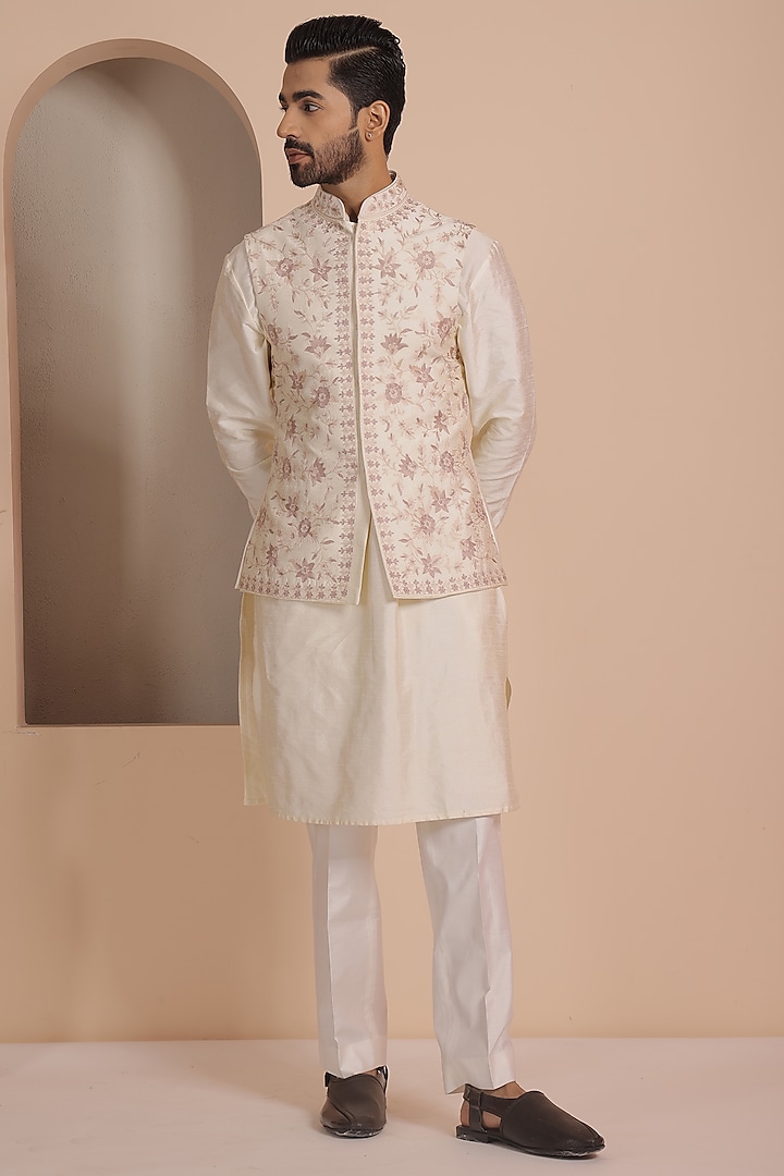 Beige Silk Embroidered Nehru Jacket Set by NAMAN AHUJA