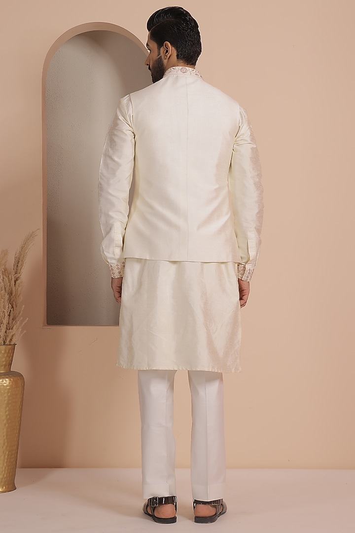 Beige Silk Embroidered Nehru Jacket Set by NAMAN AHUJA at Pernia's Pop Up Shop
