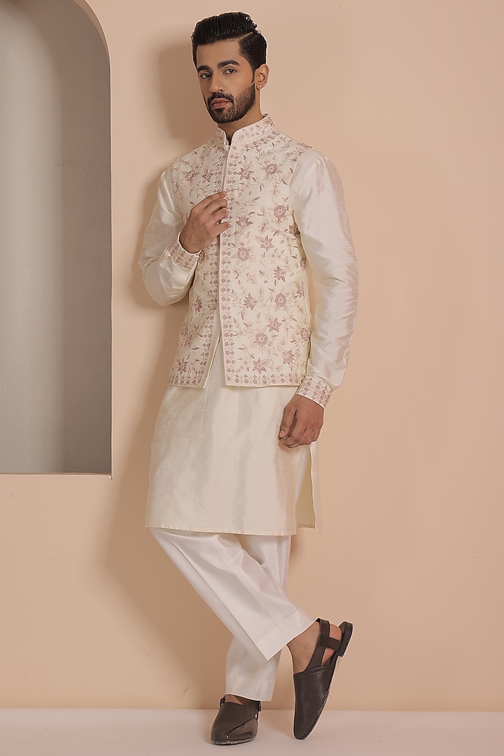 Beige Silk Embroidered Nehru Jacket Set by NAMAN AHUJA at Pernia's Pop Up Shop