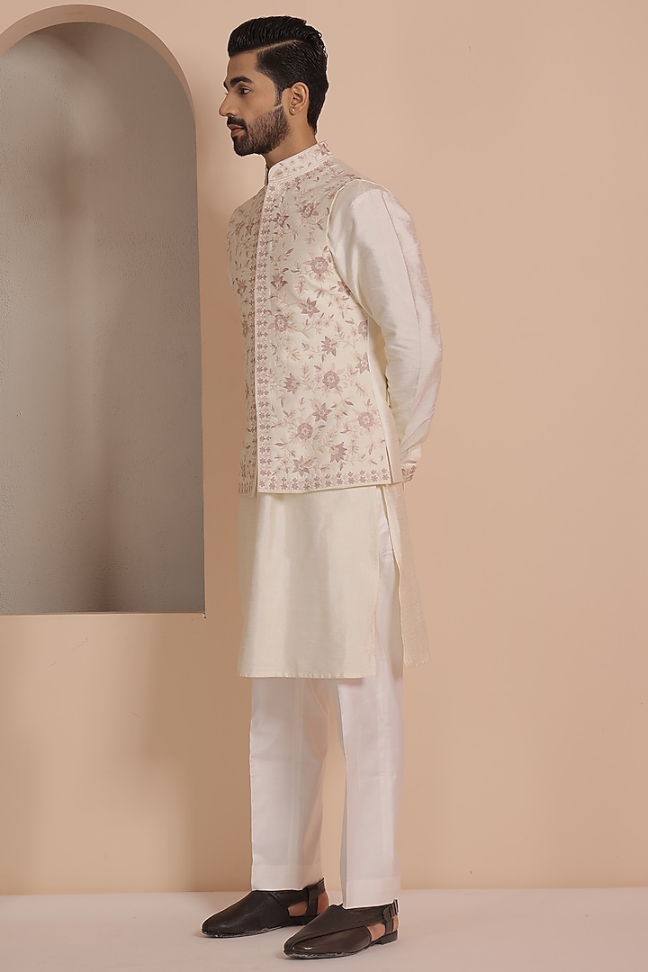 Beige Silk Embroidered Nehru Jacket Set by NAMAN AHUJA at Pernia's Pop Up Shop