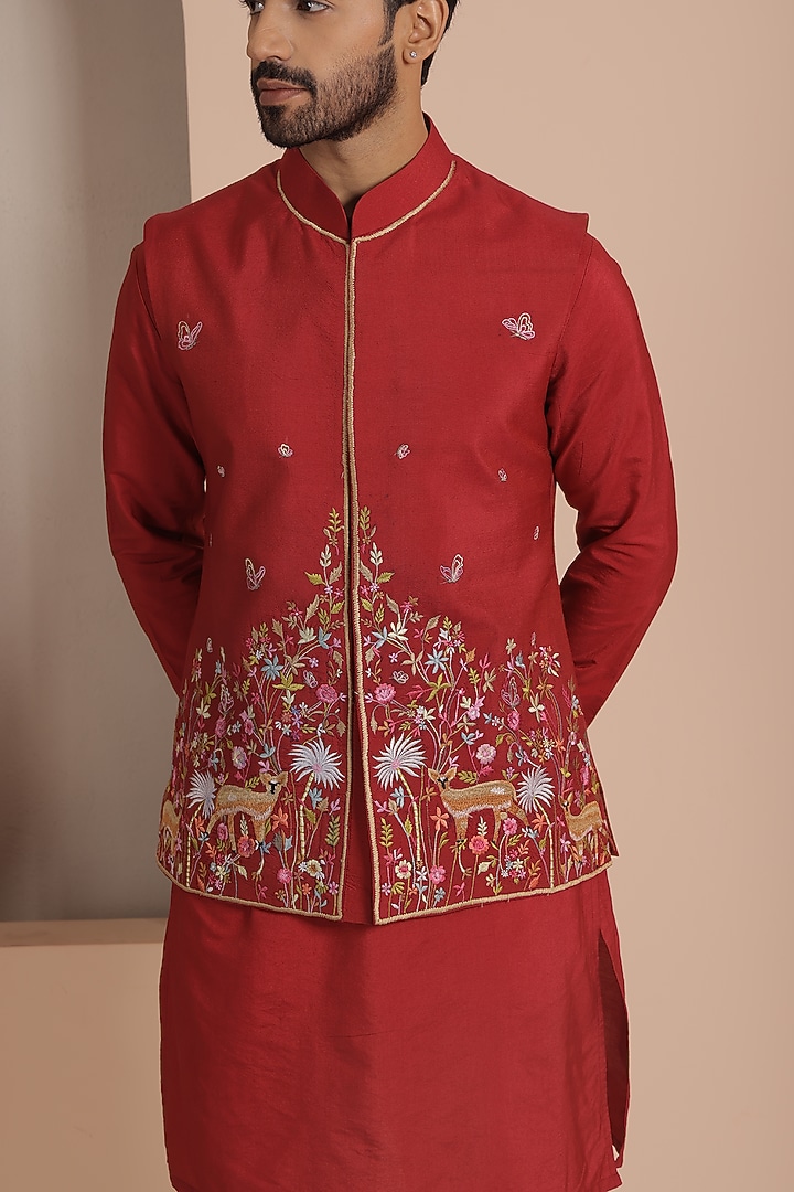Maroon Silk Embroidered Nehru Jacket Set by NAMAN AHUJA at Pernia's Pop Up Shop