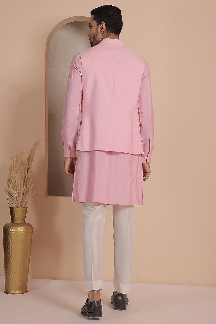Pink Silk Embroidered Nehru Jacket Set by NAMAN AHUJA at Pernia's Pop Up Shop