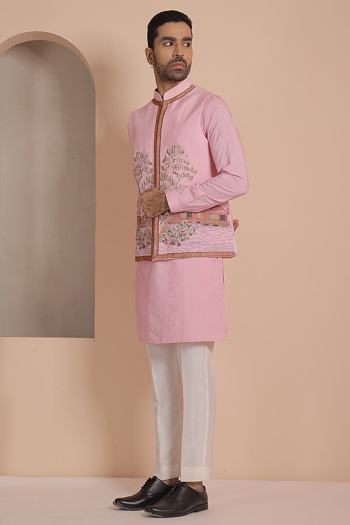 Pink Silk Embroidered Nehru Jacket Set by NAMAN AHUJA at Pernia's Pop Up Shop