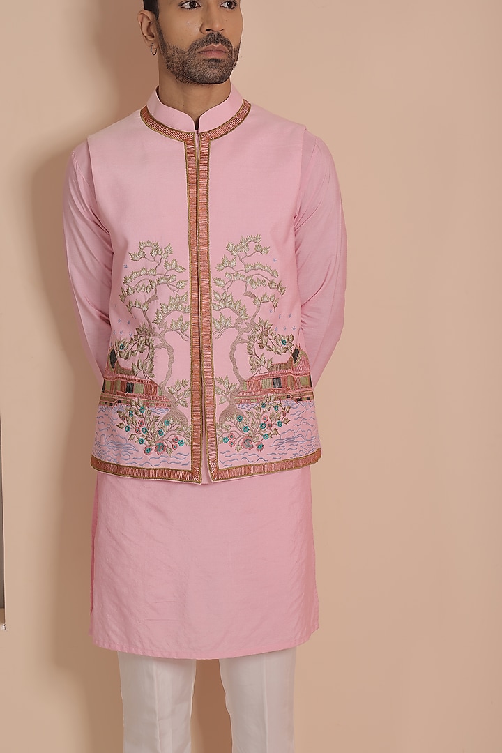 Pink Silk Embroidered Nehru Jacket Set by NAMAN AHUJA at Pernia's Pop Up Shop