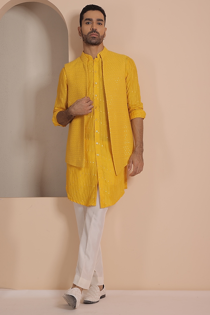 Yellow Silk Jacquard Indowestern Set by NAMAN AHUJA