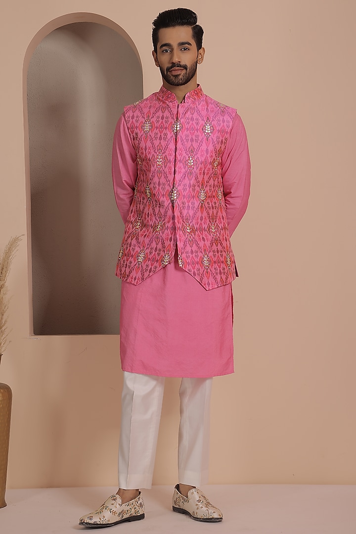 Pink Silk Embroidered Nehru Jacket Set by NAMAN AHUJA