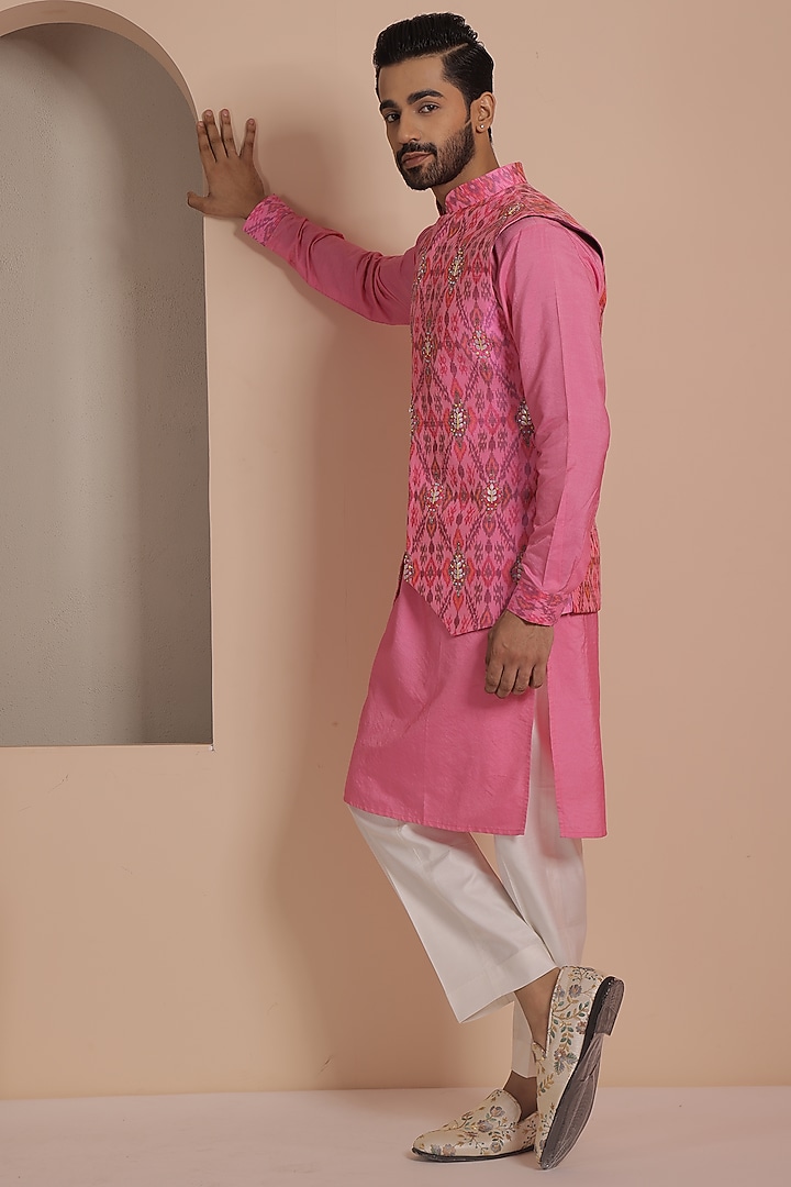 Pink Silk Embroidered Nehru Jacket Set by NAMAN AHUJA at Pernia's Pop Up Shop