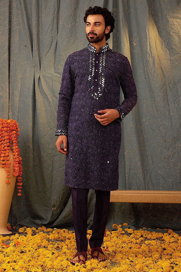 Purple Silk Mirror Work Kurta Set by NAMAN AHUJA