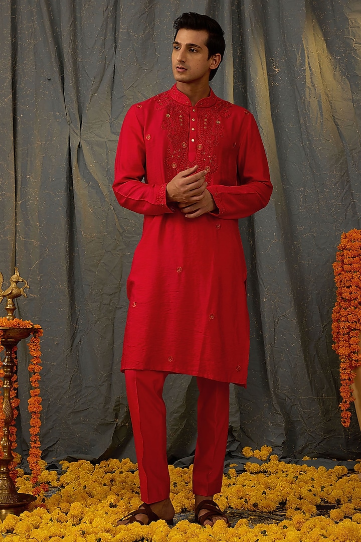 Red Silk Embroidered Kurta Set by NAMAN AHUJA