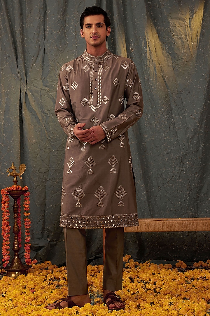 Grey Silk Mirror Work Kurta Set by NAMAN AHUJA