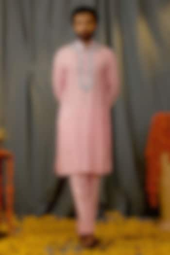 Pink Silk Mirror Work Kurta Set by NAMAN AHUJA