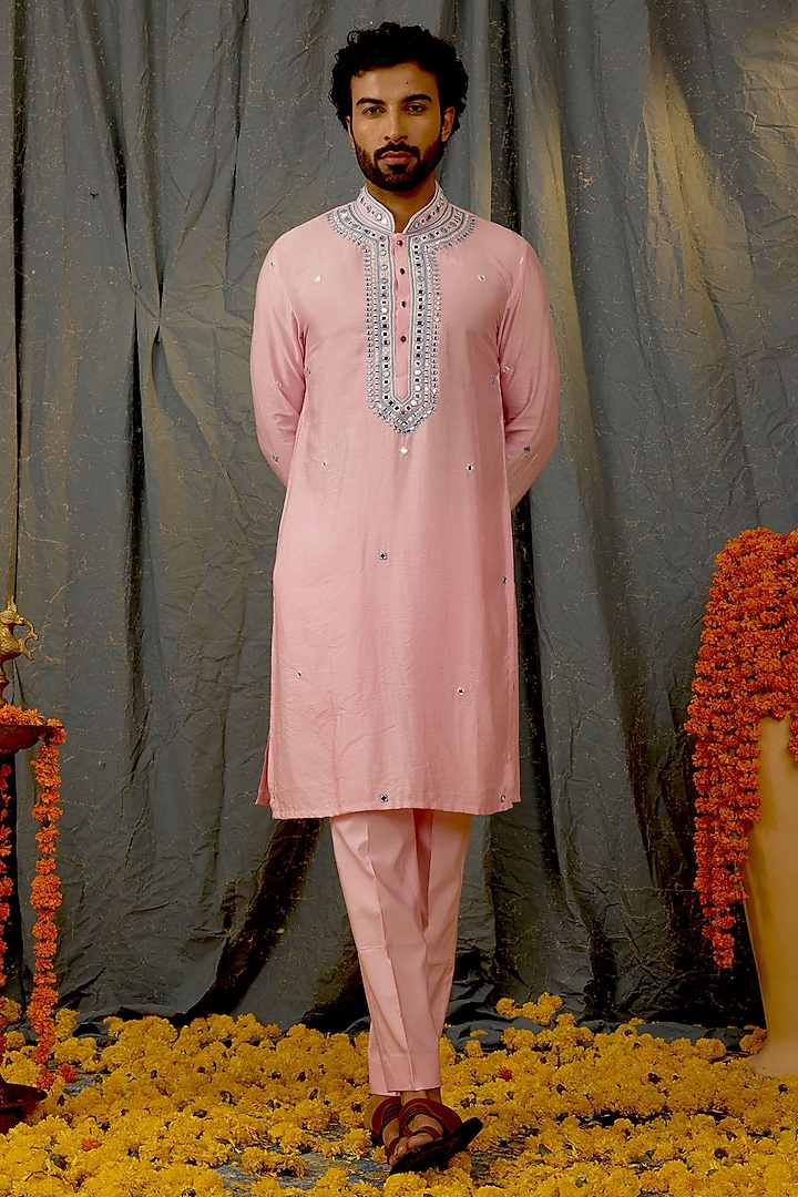 Pink Silk Mirror Work Kurta Set by NAMAN AHUJA