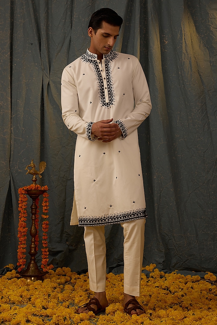 Ivory Silk Hand Embroidered Kurta Set by NAMAN AHUJA