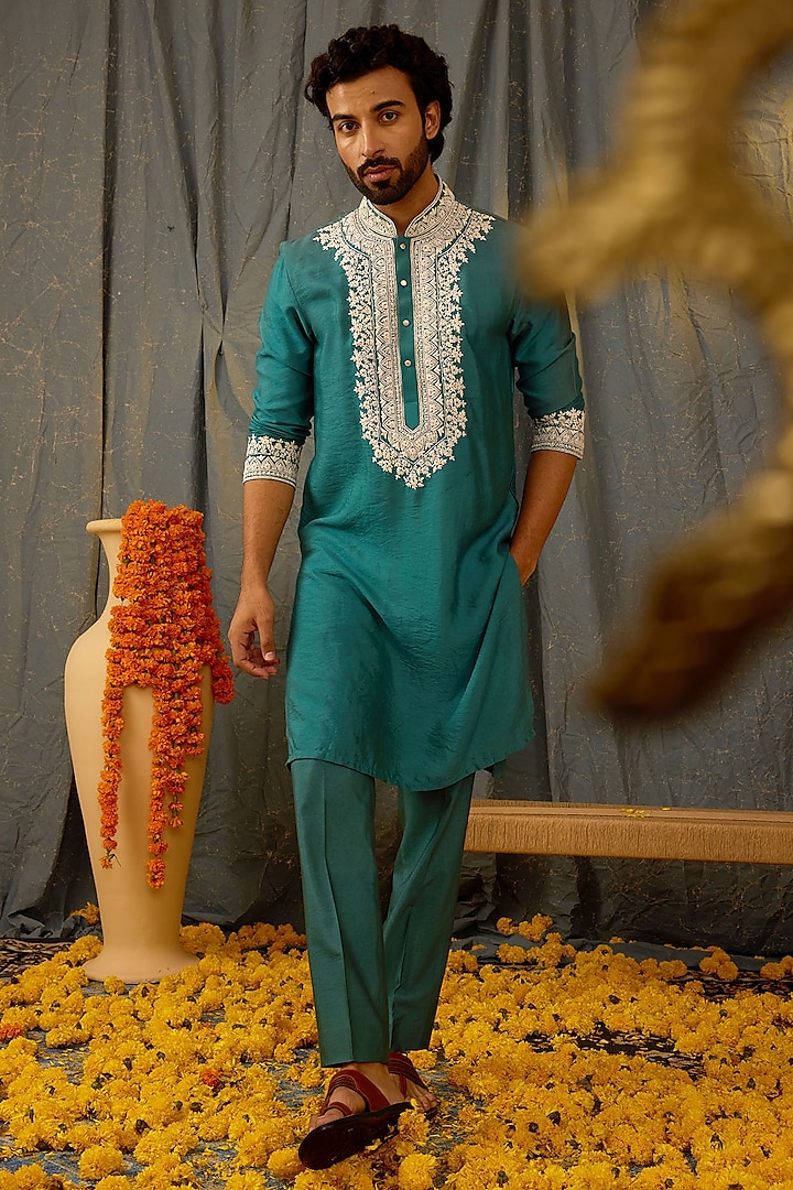 Green Silk Embroidered Kurta Set by NAMAN AHUJA