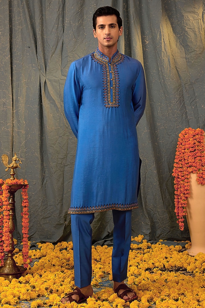Blue Silk Hand Embroidered Kurta Set by NAMAN AHUJA at Pernia's Pop Up Shop