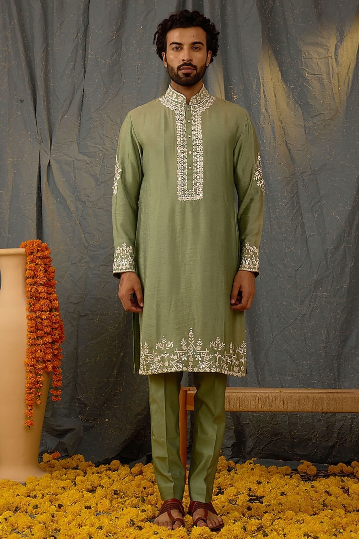 Green Silk Embroidered Kurta Set by NAMAN AHUJA