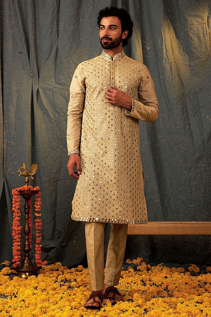 Grey Silk Mirror Work Kurta Set by NAMAN AHUJA