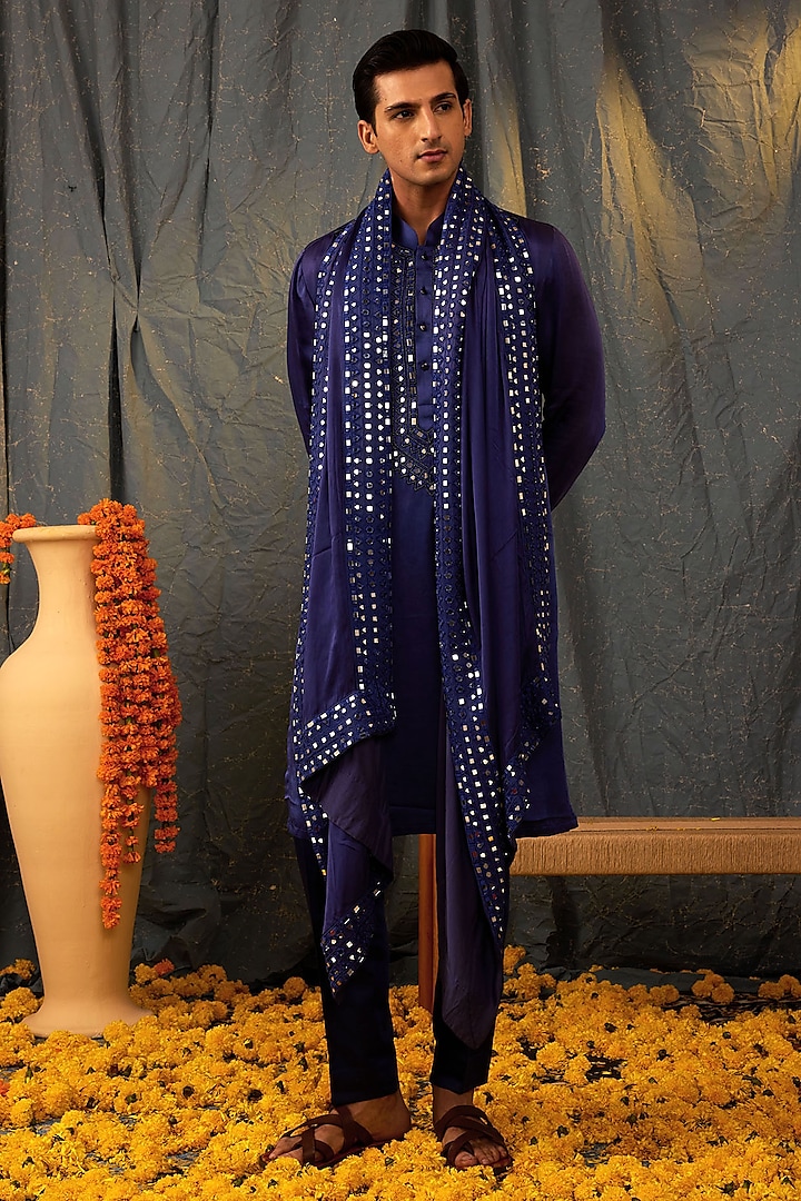 Blue Linen Silk Mirror Work Kurta Set by NAMAN AHUJA