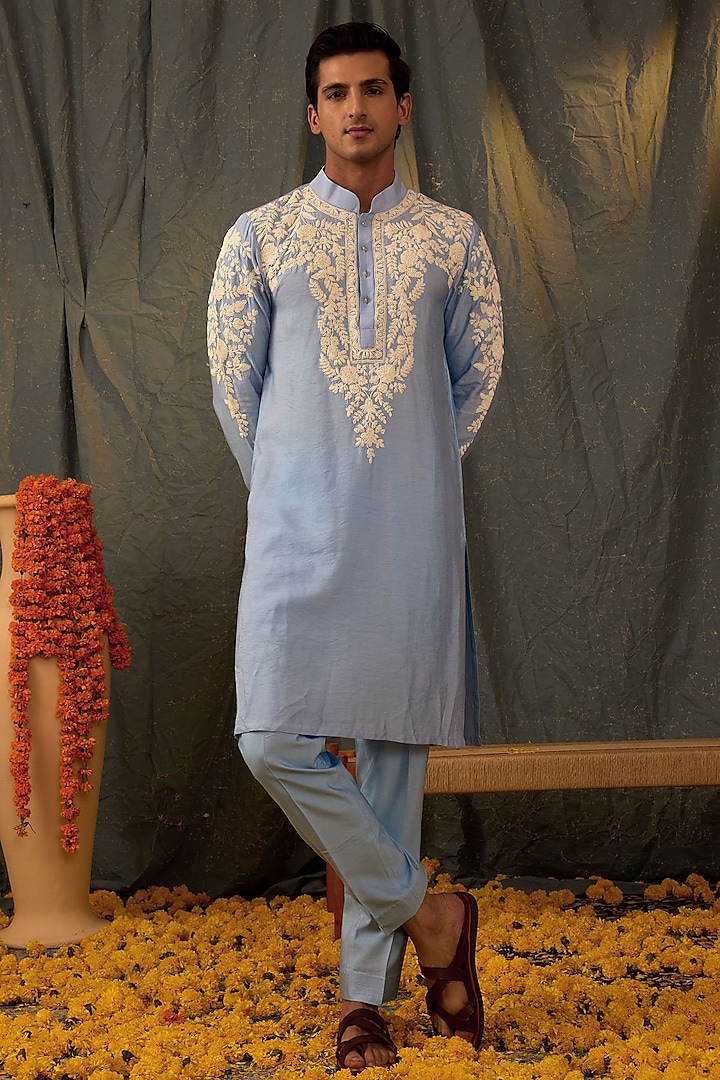 Sky Blue Silk Embroidered Kurta Set by NAMAN AHUJA at Pernia's Pop Up Shop