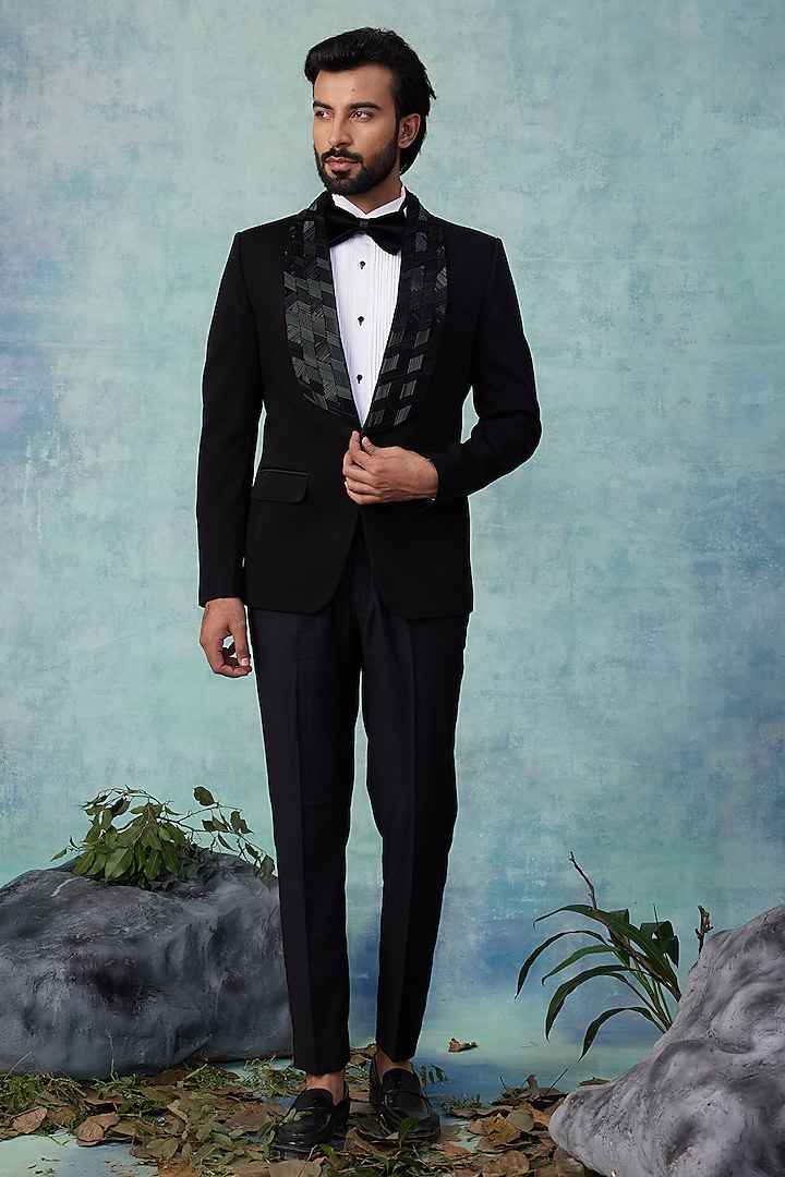 Black Suiting Embroidered Tuxedo Set by NAMAN AHUJA at Pernia's Pop Up Shop