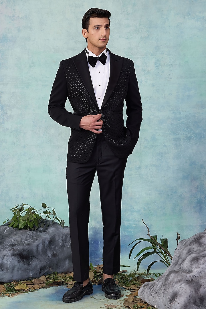 Black Suiting Embroidered Tuxedo Set by NAMAN AHUJA at Pernia's Pop Up Shop