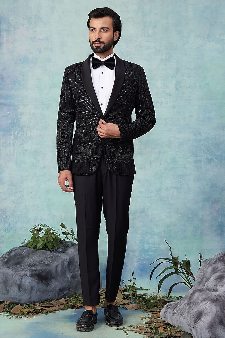 Black Suiting Embroidered Tuxedo Set by NAMAN AHUJA at Pernia's Pop Up Shop