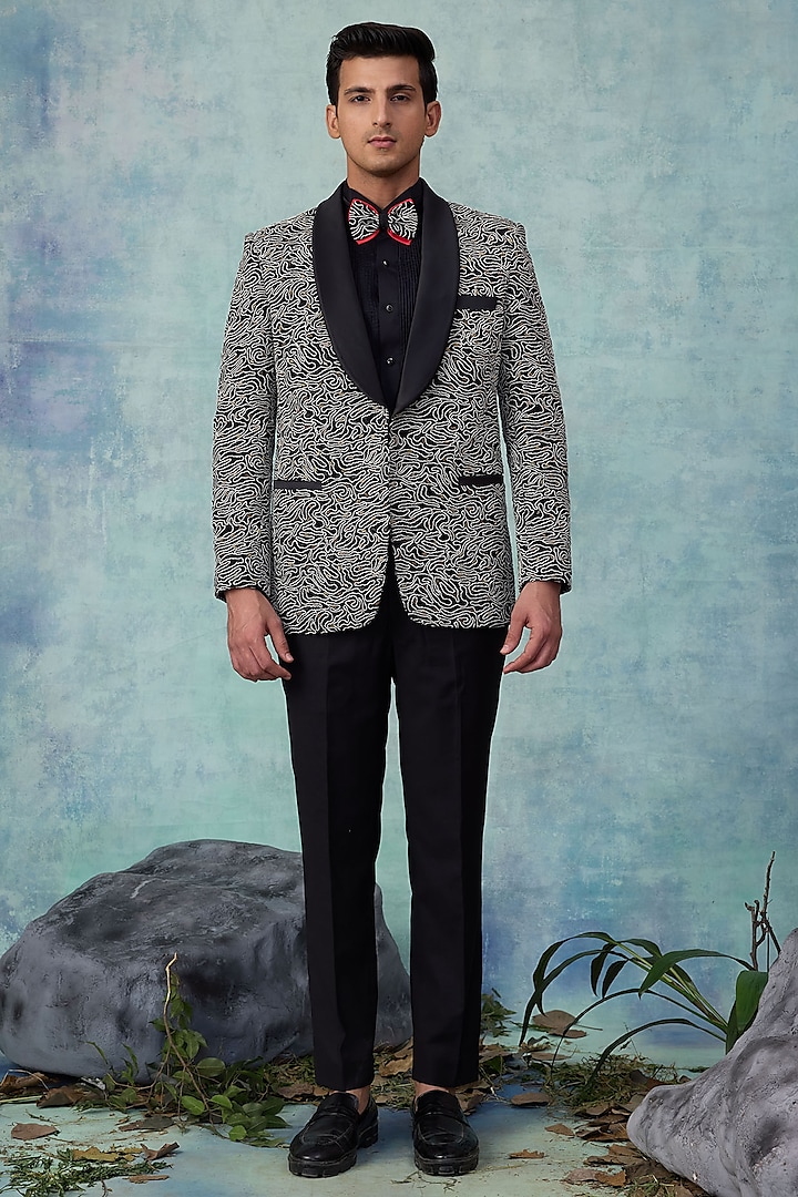 Black Suiting Embroidered Tuxedo Set by NAMAN AHUJA at Pernia's Pop Up Shop