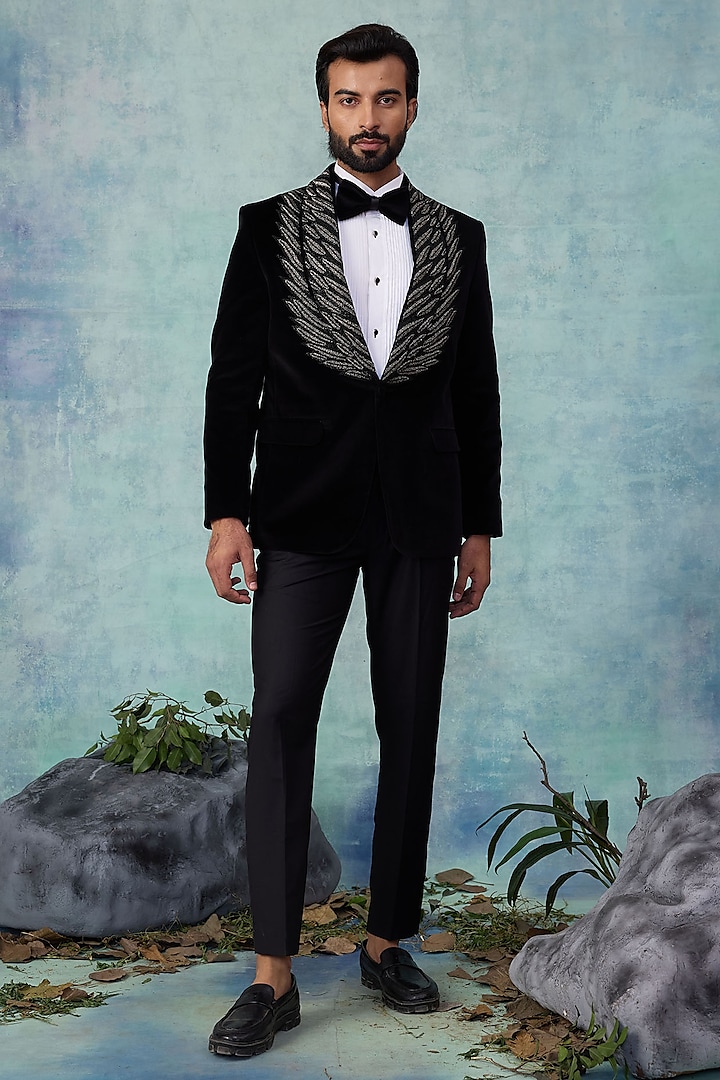 Black Velvet Embroidered Tuxedo Set by NAMAN AHUJA