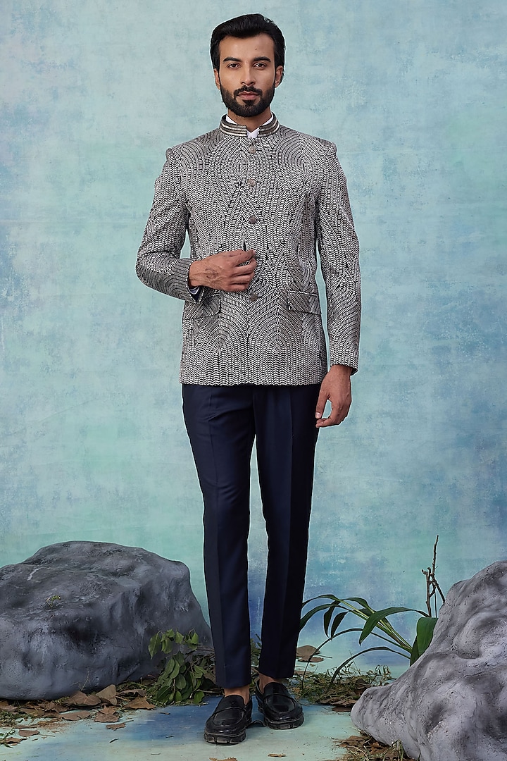 Navy Blue-Silver Silk Embroidered Jacquard Bandhgala Set by NAMAN AHUJA at Pernia's Pop Up Shop