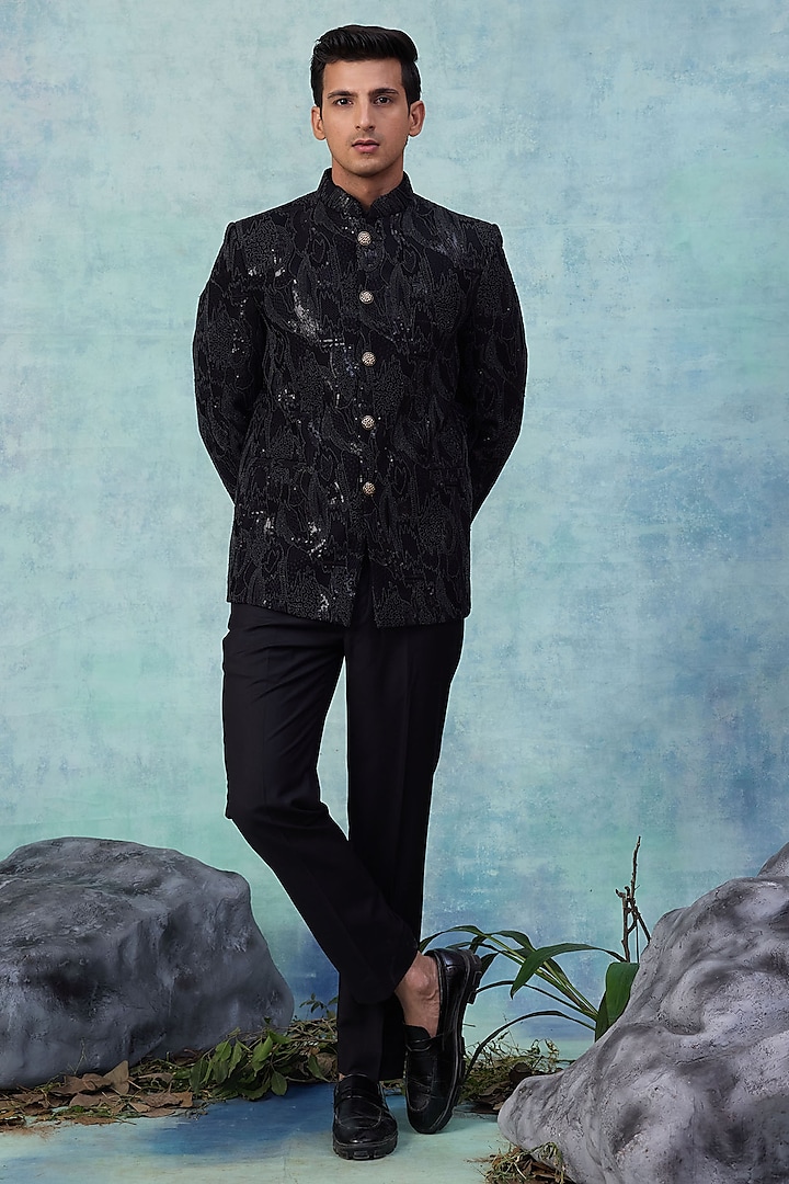 Black Suiting Bandhgala Set by NAMAN AHUJA at Pernia's Pop Up Shop