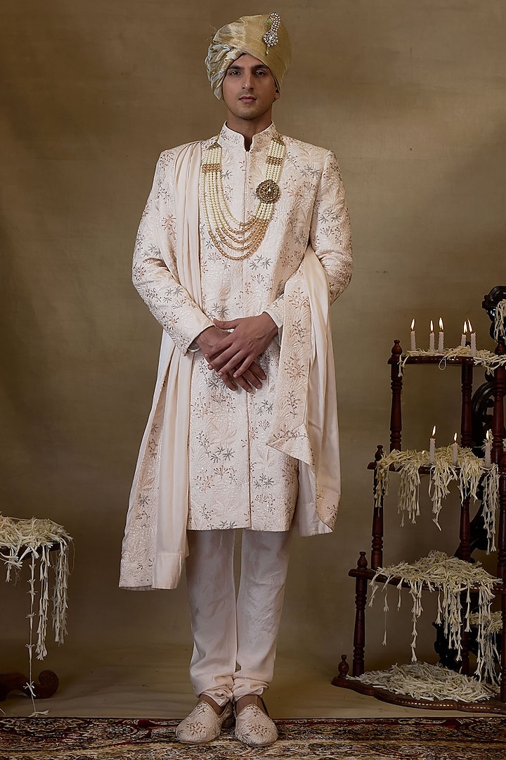 Peach Pink Silk Embroidered Sherwani Set by NAMAN AHUJA