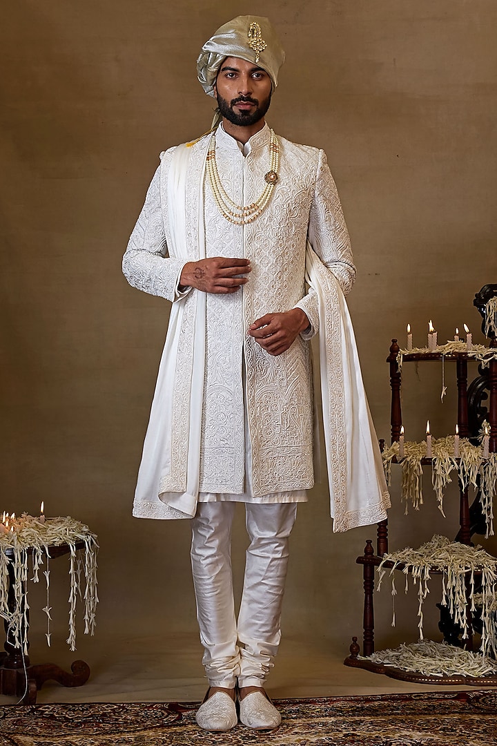 White Pink Silk Embroidered Sherwani Set by NAMAN AHUJA